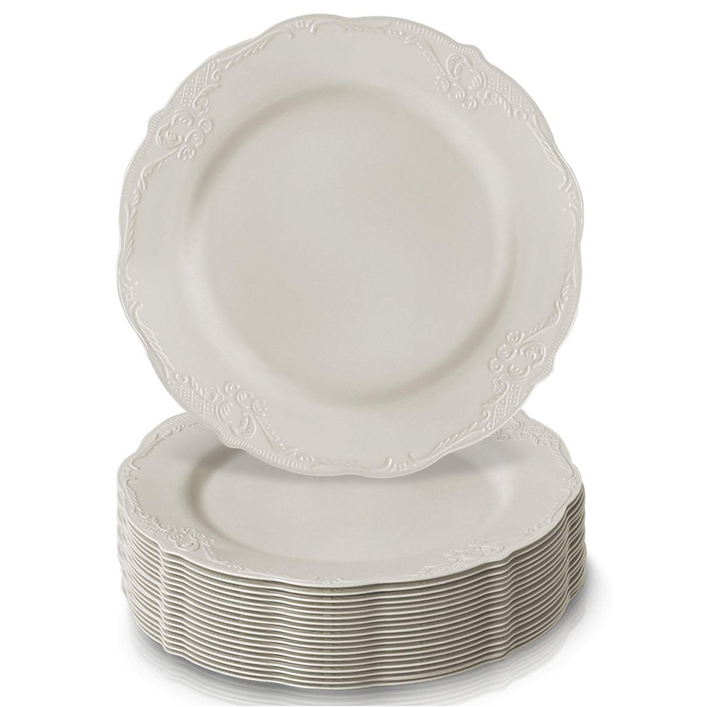 Silver Spoons Party Disposable 10 pc Dinnerware Set | 10 Dessert Plates | Heavyweight Plastic Dishes | Elegant Fine China Look | for Upscale Wedding and Dining (Vintage Collection  Cream | 7.5 Inch)