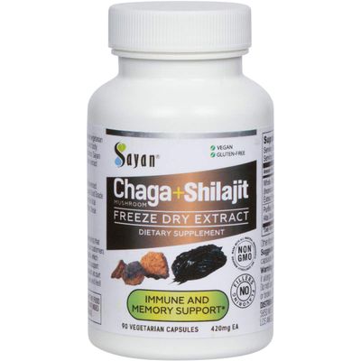Sayan Siberian Chaga Mushroom Extract with Shilajit 90 Capsules/420mg ea. Immune and Digestion System Support  Fulvic Acid Supplement  Energy & Clarity  Exclusive Blend  No Fillers