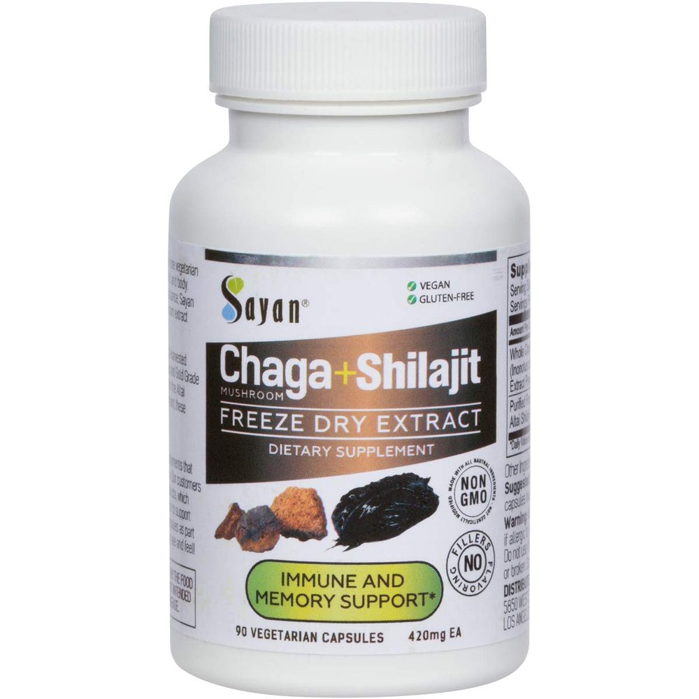 Sayan Siberian Chaga Mushroom Extract with Shilajit 90 Capsules/420mg ea. Immune and Digestion System Support  Fulvic Acid Supplement  Energy & Clarity  Exclusive Blend  No Fillers