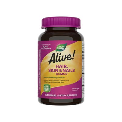 Nature's Way Alive! Hair, Skin & Nails Gummy Supplement, Advanced Beauty Formula*, with Collagen 100 mg & Biotin 2500 mcg per 2-gummies, Strawberry Flavored, 60 Gummies (Packaging May Vary)