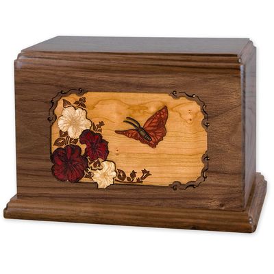 Companion Cremation Urn with Butterfly 3-Dimensional Floral Wood Art Inlay Unique Funeral Urns for Ashes (Companion Urn for Two, Walnut)