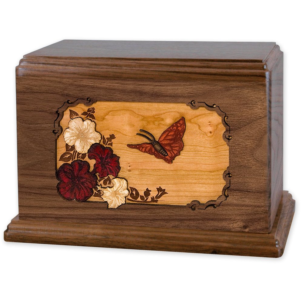 Companion Cremation Urn with Butterfly 3-Dimensional Floral Wood Art Inlay Unique Funeral Urns for Ashes (Companion Urn for Two, Walnut)
