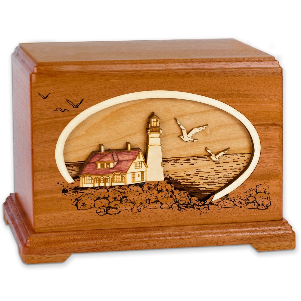 Hampton Wood Cremation Urn with Coastal Lighthouse 3-Dimensional Wood Inlay Art Funeral Urns for Ashes Made in The USA (Standard Adult, Portland Head Light, Mahogany)