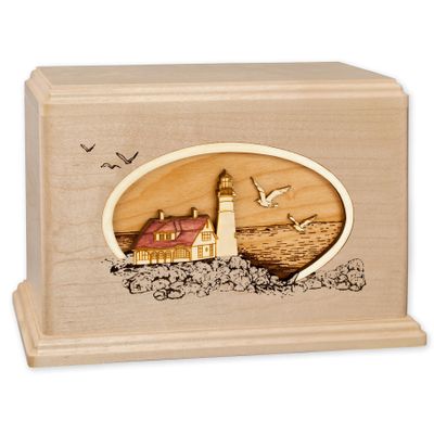Wooden Companion Cremation Urn with Coastal Lighthouse 3-Dimensional Wood Inlay Art Funeral Urns for Ashes Made in The USA (Companion Urn for Two, Portland Head Light, Maple)