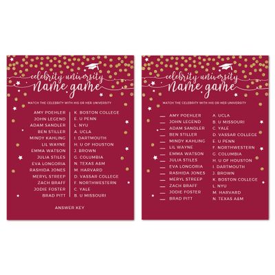 Andaz Press Burgundy Maroon and Gold Glittering Graduation Party Collection, Celebrity Name Game Cards, 20-Pack, Games Activities and Decorations