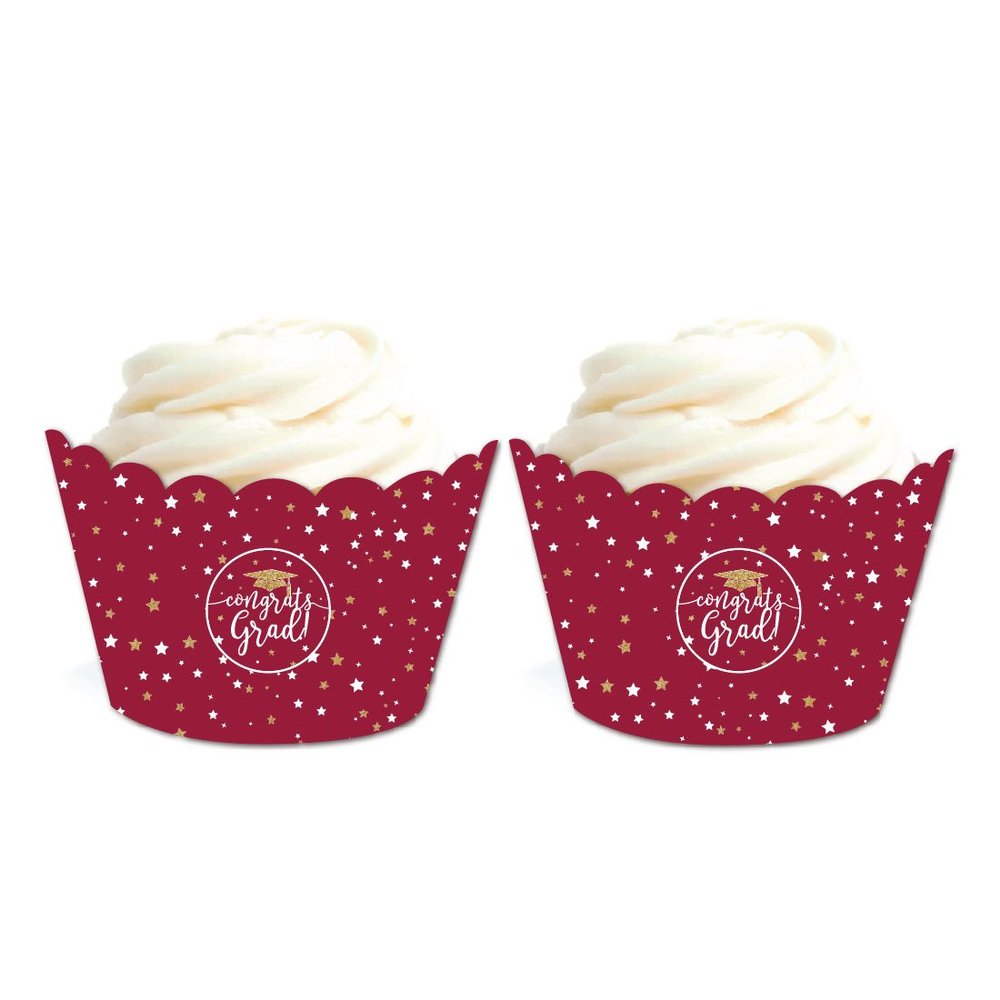 Andaz Press Burgundy Maroon and Gold Glittering Graduation Party Collection, Cupcake Wrappers, 20-Pack