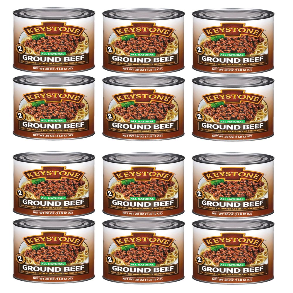 Keystone Meats All Natural Heat and Serve Ground Beef 28 Oz Fully Cooked Canned Meat Shelf Stable Emergency Survival Canned Food Ready to Eat No Preservatives Gluten Free Made in USA Pack of 12