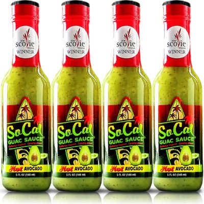 Avocado Sauce 4-Pack | Hot Avocado SoCal Guac Sauce | The 2018 Scovie Award Winner |20 fl oz total | Guacamole, Avocado Hot Sauce and Chile Verde All in One | Custom Gift Packaging SoCal Hot Sauce