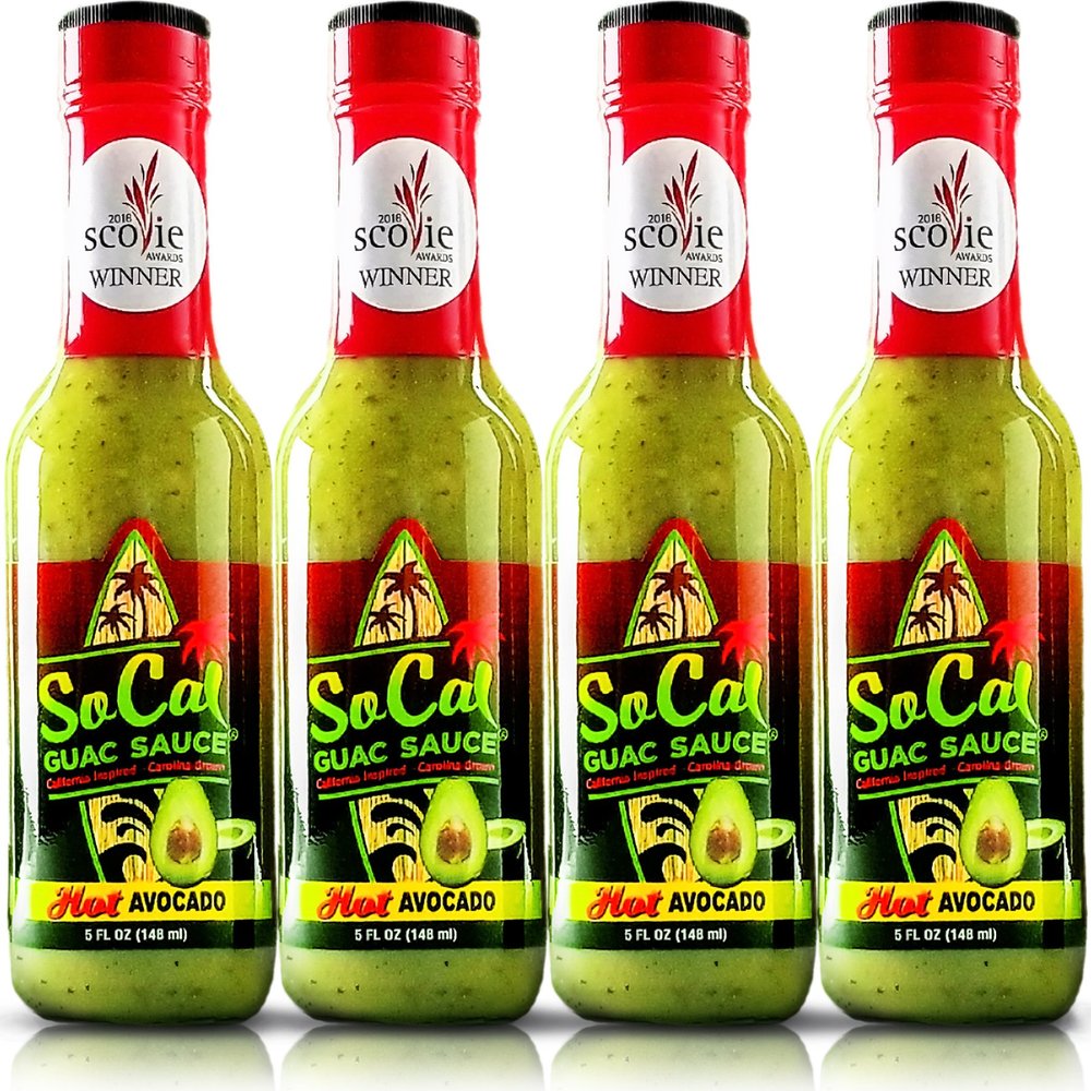 Avocado Sauce 4-Pack | Hot Avocado SoCal Guac Sauce | The 2018 Scovie Award Winner |20 fl oz total | Guacamole, Avocado Hot Sauce and Chile Verde All in One | Custom Gift Packaging SoCal Hot Sauce