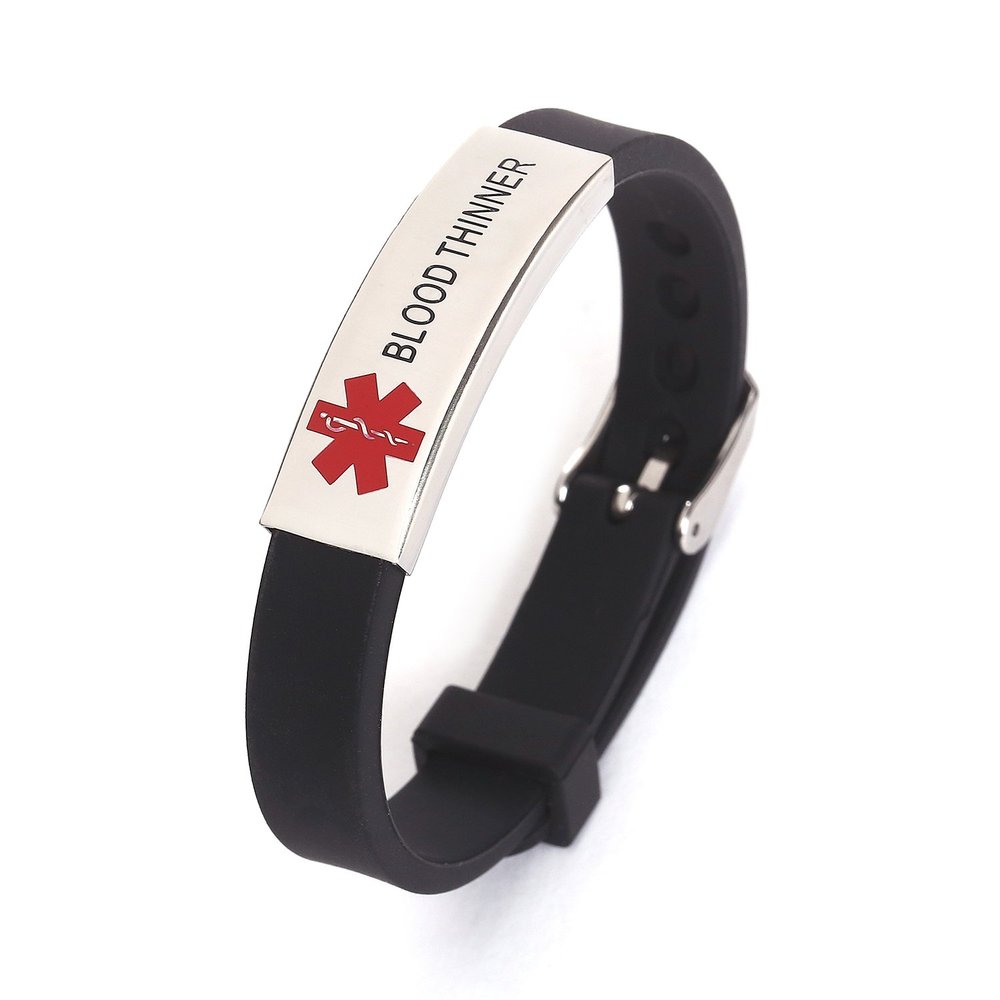AOMZO JEWELRY Blood Thinner Silicone Rubber Bracelet with Surgical Steel Medical Alert ID Adjustable Size
