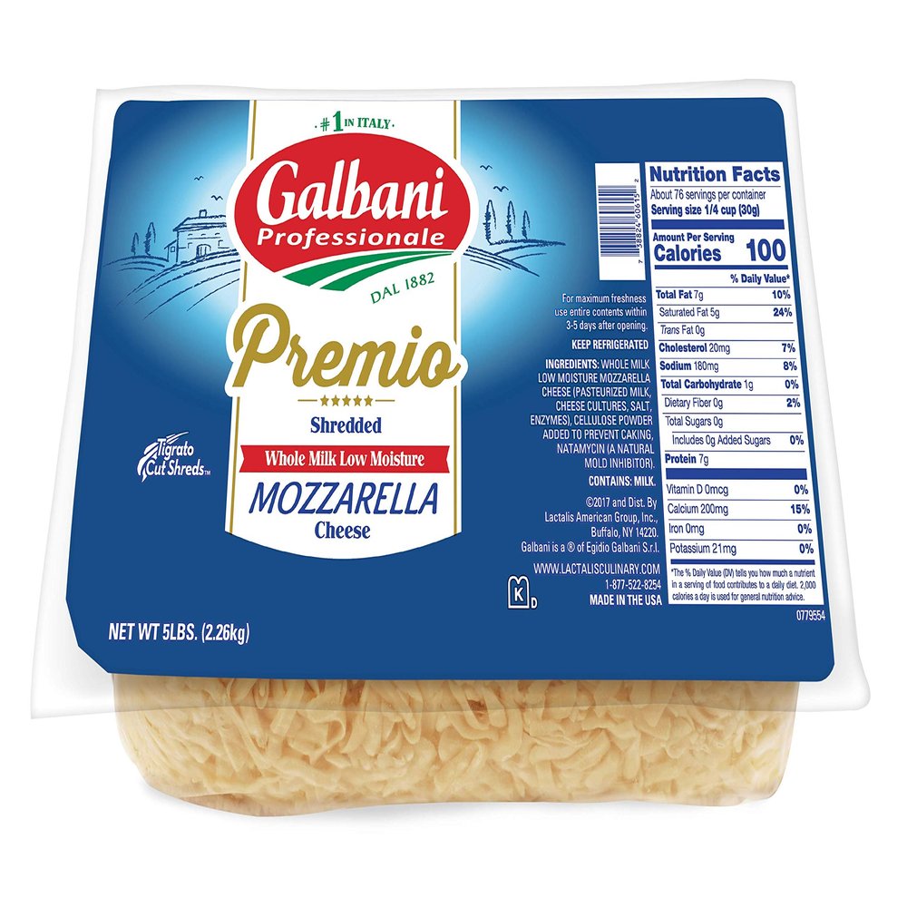 Galbani Professionale Premium Whole Milk Low Moisture Mozzarella Part Skim Low Moisture Cheese Shred Blend, 5 Pound -- 6 per case.