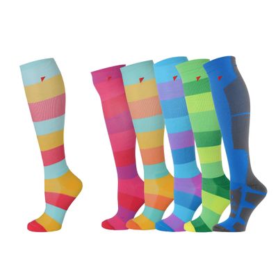 Compression Socks for Men and Women (1 Pair) 15-25% mmHg Moderately Graduated. Optimized for Athletic Sports; for Active Professions and Flight Travel (Large, Blue, Yellow, Red)