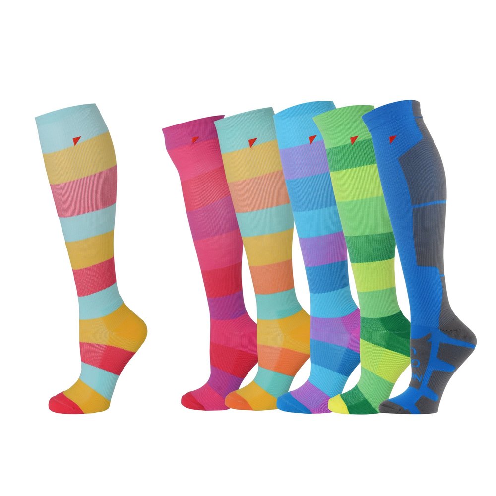 Compression Socks for Men and Women (1 Pair) 15-25% mmHg Moderately Graduated. Optimized for Athletic Sports; for Active Professions and Flight Travel (Large, Blue, Yellow, Red)