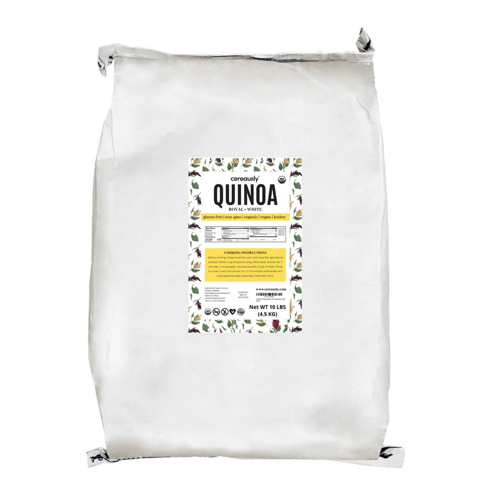 CEREAUSLY Organic White Quinoa  Premium Royal Quinoa from Bolivia  Kosher and Non-GMO Quinoa Bulk  Vegan and Gluten-Fee Cooking Quinoa  10 LB