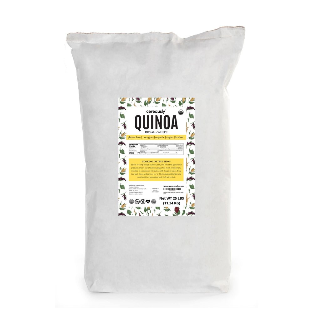 CEREAUSLY Organic White Quinoa  Premium Royal Quinoa from Bolivia  Kosher and Non-GMO Quinoa Bulk  Vegan and Gluten-Fee Cooking Quinoa  25 LB