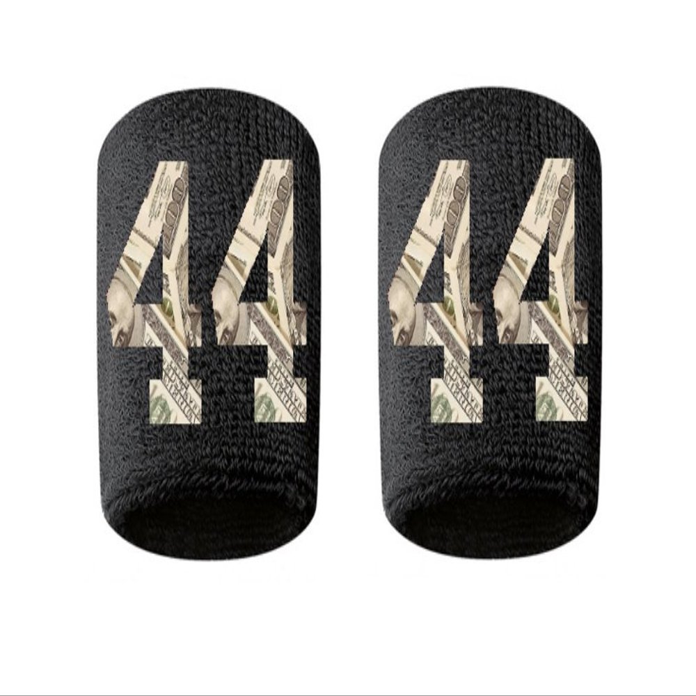 #44 Embroidered/Stitched Sweatband Wristband BLACK Sweat Band w/ MONEY PRINT Number (2 Pack)