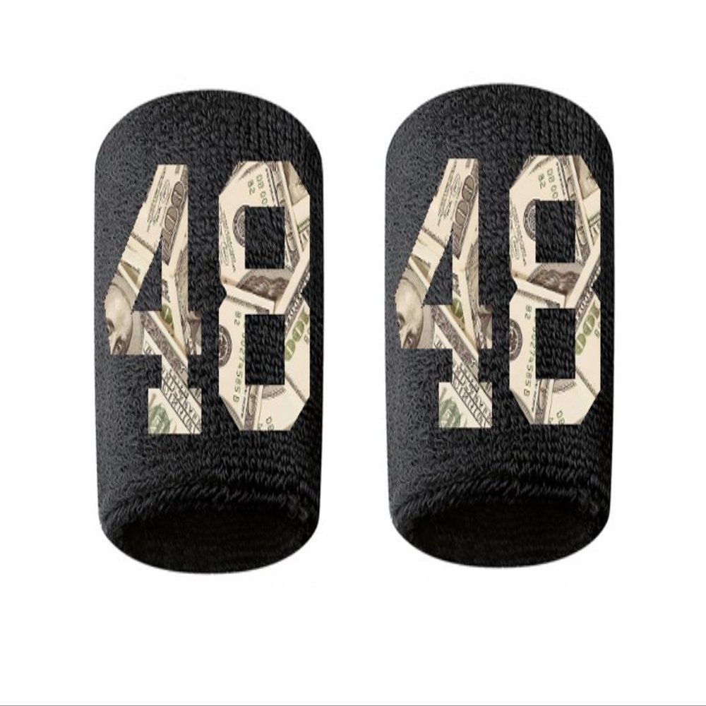 #48 Embroidered/Stitched Sweatband Wristband BLACK Sweat Band w/ MONEY PRINT Number (2 Pack)