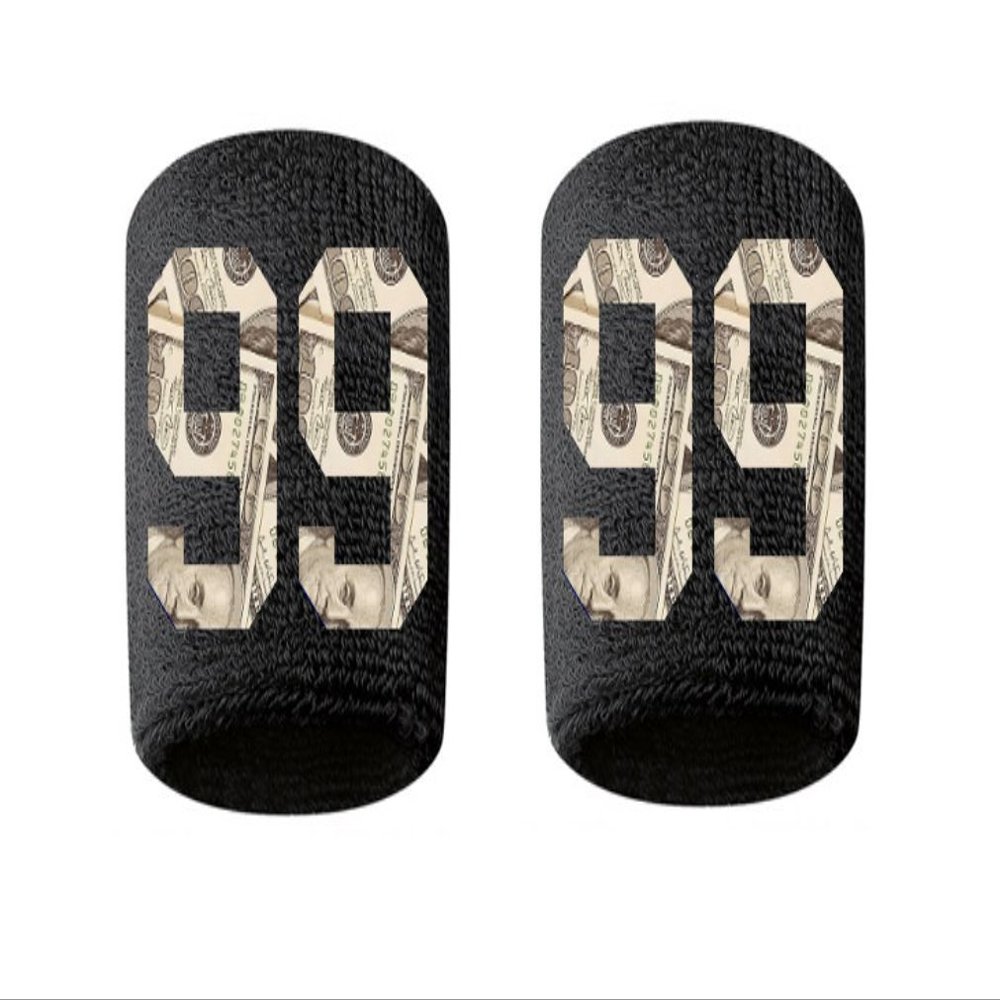 #99 Embroidered/Stitched Sweatband Wristband BLACK Sweat Band w/ MONEY PRINT Number (2 Pack)
