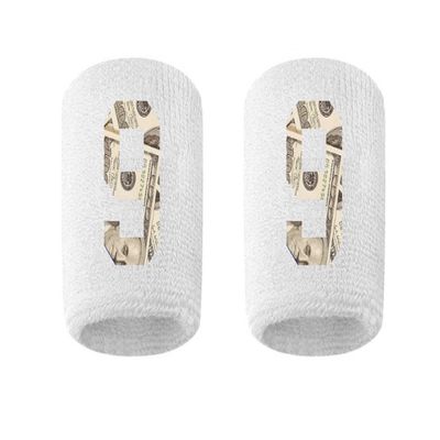 #9 Embroidered/Stitched Sweatband Wristband WHITE Sweat Band w/ MONEY PRINT Number (2 Pack)