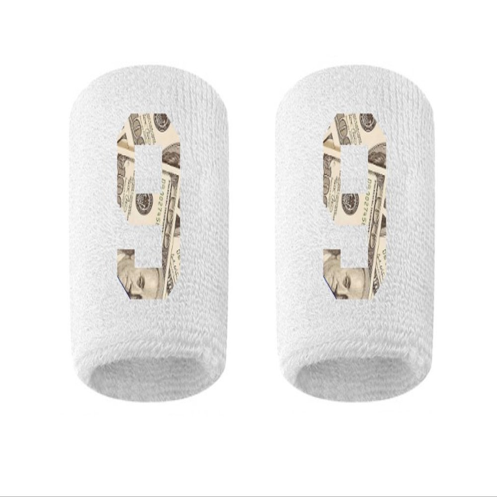 #9 Embroidered/Stitched Sweatband Wristband WHITE Sweat Band w/ MONEY PRINT Number (2 Pack)