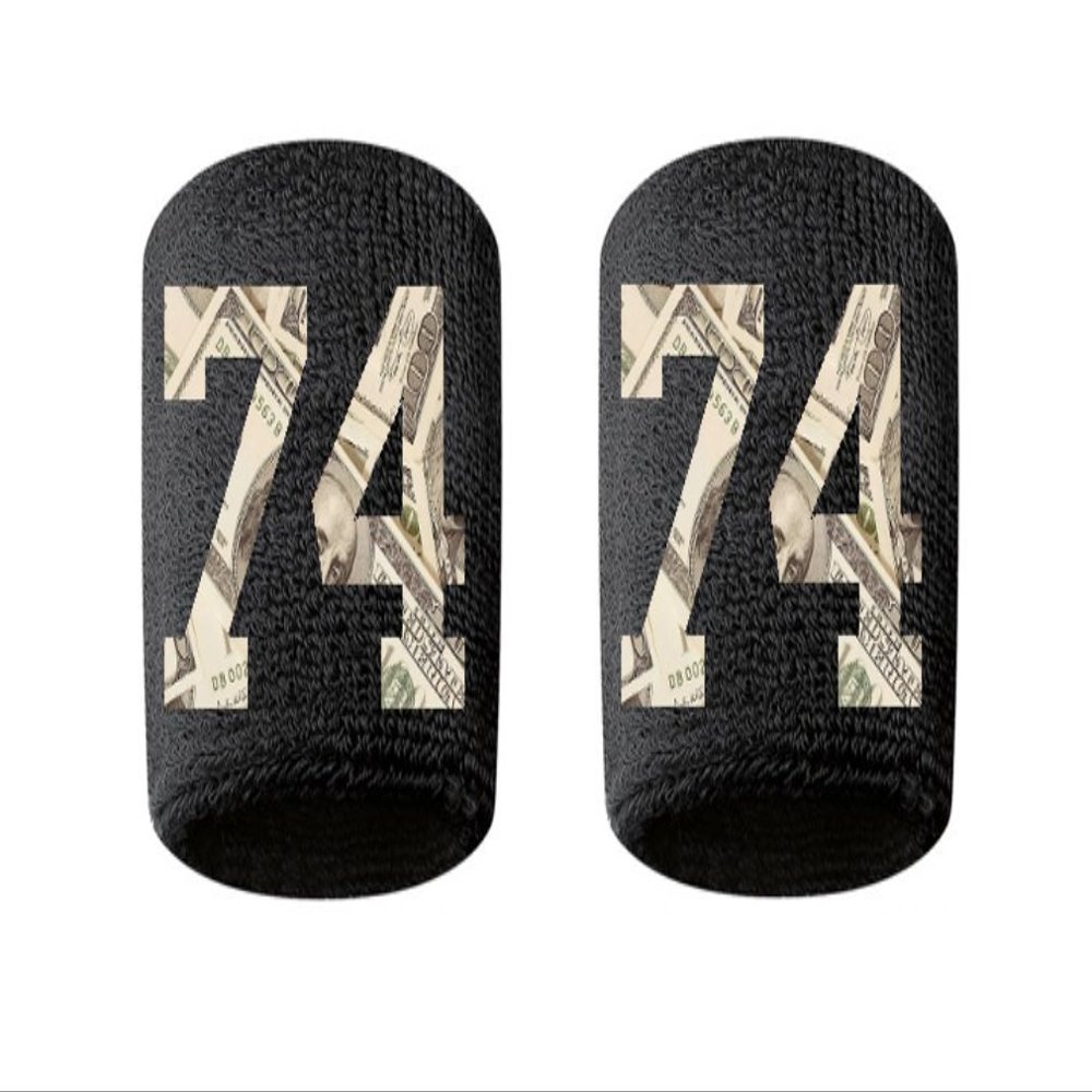 #74 Embroidered/Stitched Sweatband Wristband BLACK Sweat Band w/ MONEY PRINT Number (2 Pack)