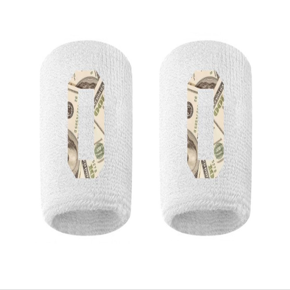 #0 Embroidered/Stitched Sweatband Wristband WHITE Sweat Band w/ MONEY PRINT Number (2 Pack)