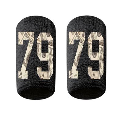 #79 Embroidered/Stitched Sweatband Wristband BLACK Sweat Band w/ MONEY PRINT Number (2 Pack)