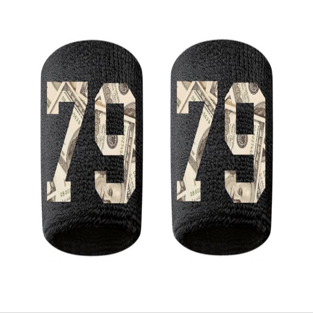 #79 Embroidered/Stitched Sweatband Wristband BLACK Sweat Band w/ MONEY PRINT Number (2 Pack)