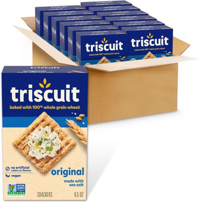 Triscuit Original Whole Grain Wheat Crackers, Vegan Crackers, Healthy Snacks, Bulk Lunch Snacks, 12 - 8.5 oz Boxes
