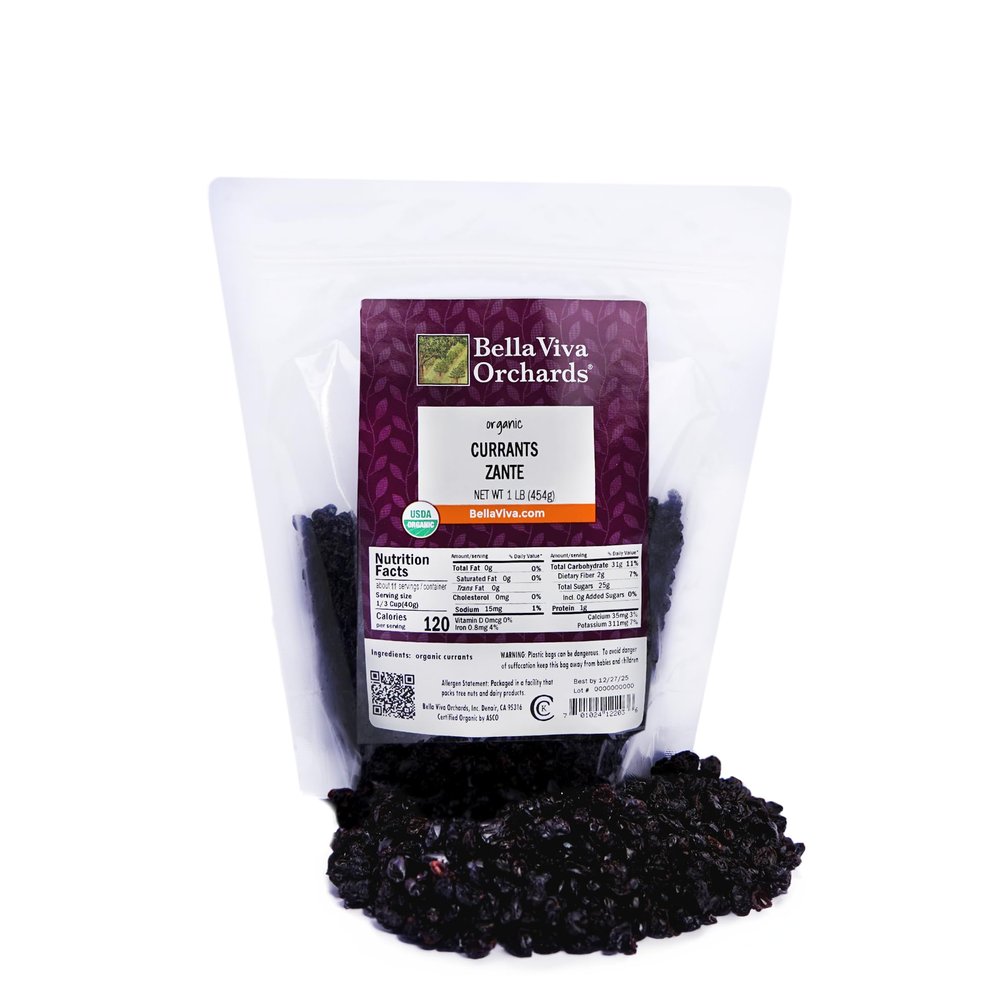 Bella Viva Orchards Organic Dried Zante Currants, Sweet no Sugar Added, 1 lb of Dried Fruit
