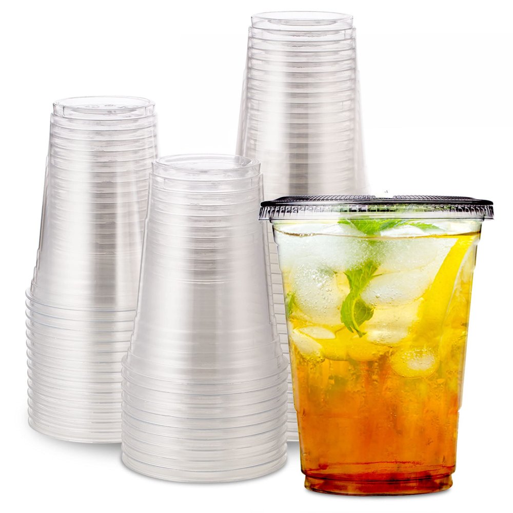 [1000 SET]Harvest Pack 16 oz Iced Coffee Cup, Ultra Clear Plastic Cold Cups with Flat Lids, Disposable Wedding Party Drinking Cups Tumblers, Iced Coffee Beer Juice Cold Beverage