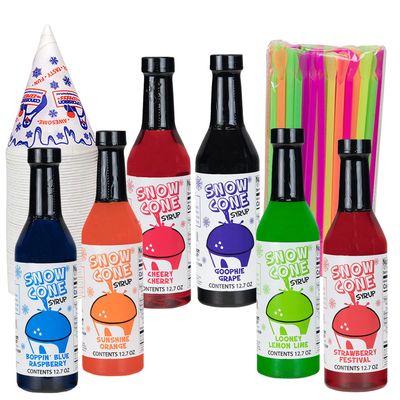 12.7oz Snow Cone Syrups (6 Pack w/Cups and Straws)