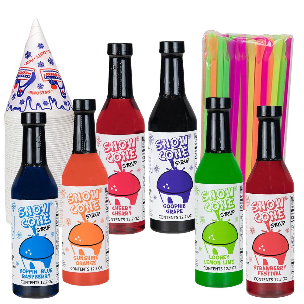 12.7oz Snow Cone Syrups (6 Pack w/Cups and Straws)