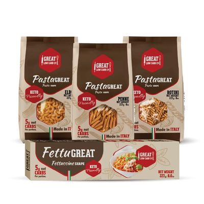4 Pack Assortment Low Carb Pasta, Fettuccine, Rotini, Penne, and Elbows, Great Low Carb Bread Company