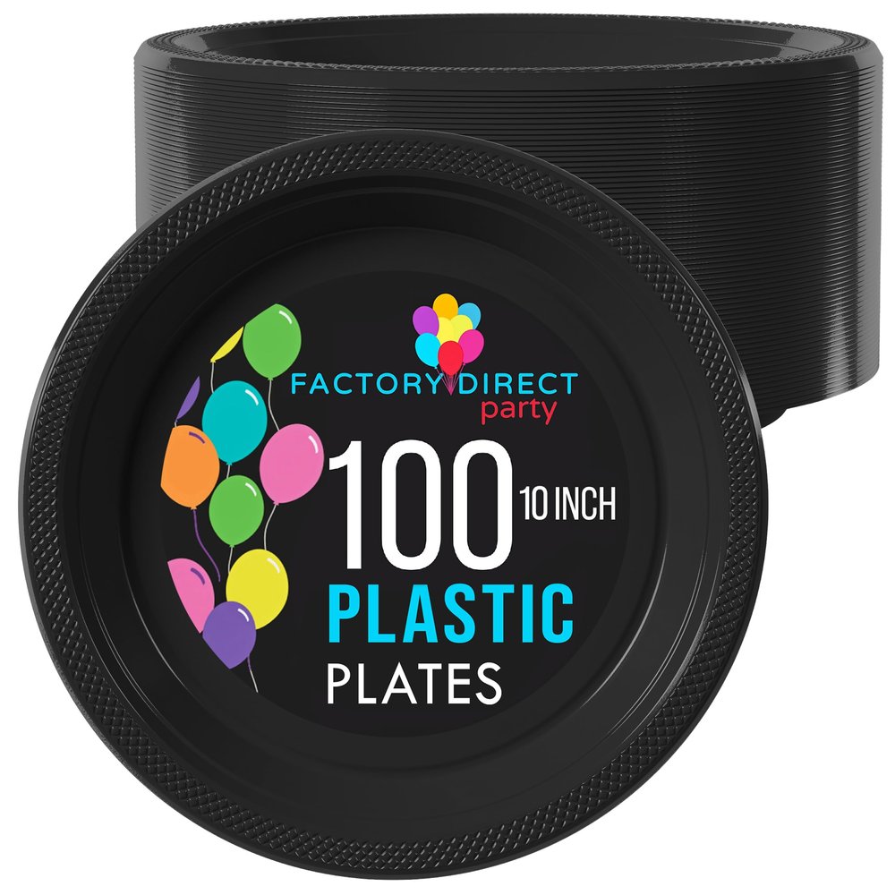 Party Solids Black Plastic Plates For Party 10" Black Disposable Plates Heavy Duty 100 Pcs Plastic Dinnerware Sets Heavy Duty 350 GSM Disposable Dinnerware Set