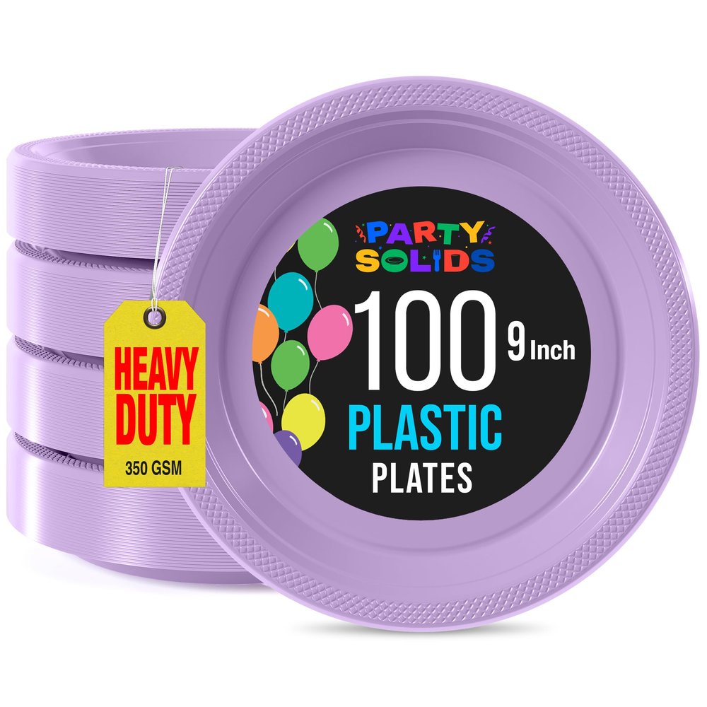 Party Solids Lavender Plastic Plates For Party 9" Lavender Disposable Plates Heavy Duty 100 Pcs Plastic Dinnerware Sets Heavy Duty 350 GSM Disposable Dinnerware Set