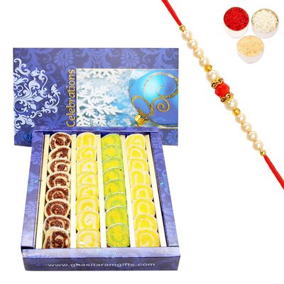 Ghasitaram Gifts Rakhi Gifts for Brothers Rakhi Sweets - Rakhi Gifts Sweets-Ghasitarams Assorted Moons Box 800 GMS with Pearl Beads Rakhi