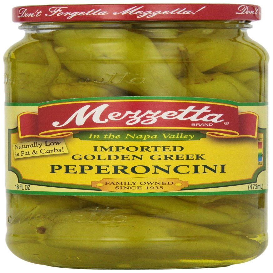 Mezzetta Golden Greek Peperoncini Peppers - Mildly Piquant Fruity Flavor - Imported from Peloponnese Greece - Add Crunch to Sandwiches, Meats, BBQ - Gluten Free, Koscher, Keto - 16 Ounce Jar - Pack of 6