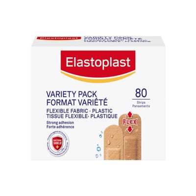 ELASTOPLAST Fabric and Plastic Adhesive Bandages Variety Pack (80 Strips), Flexible & Water-Resistant Bandage with All-Around Adhesion, Ideal for First Aid Kit (Imported from Canada)