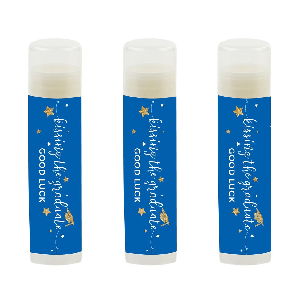 Andaz Press Royal Blue and Gold Glittering Graduation Party Collection, Lip Balm Favors Kissing the Graduate Good Luck!, 12-Pack