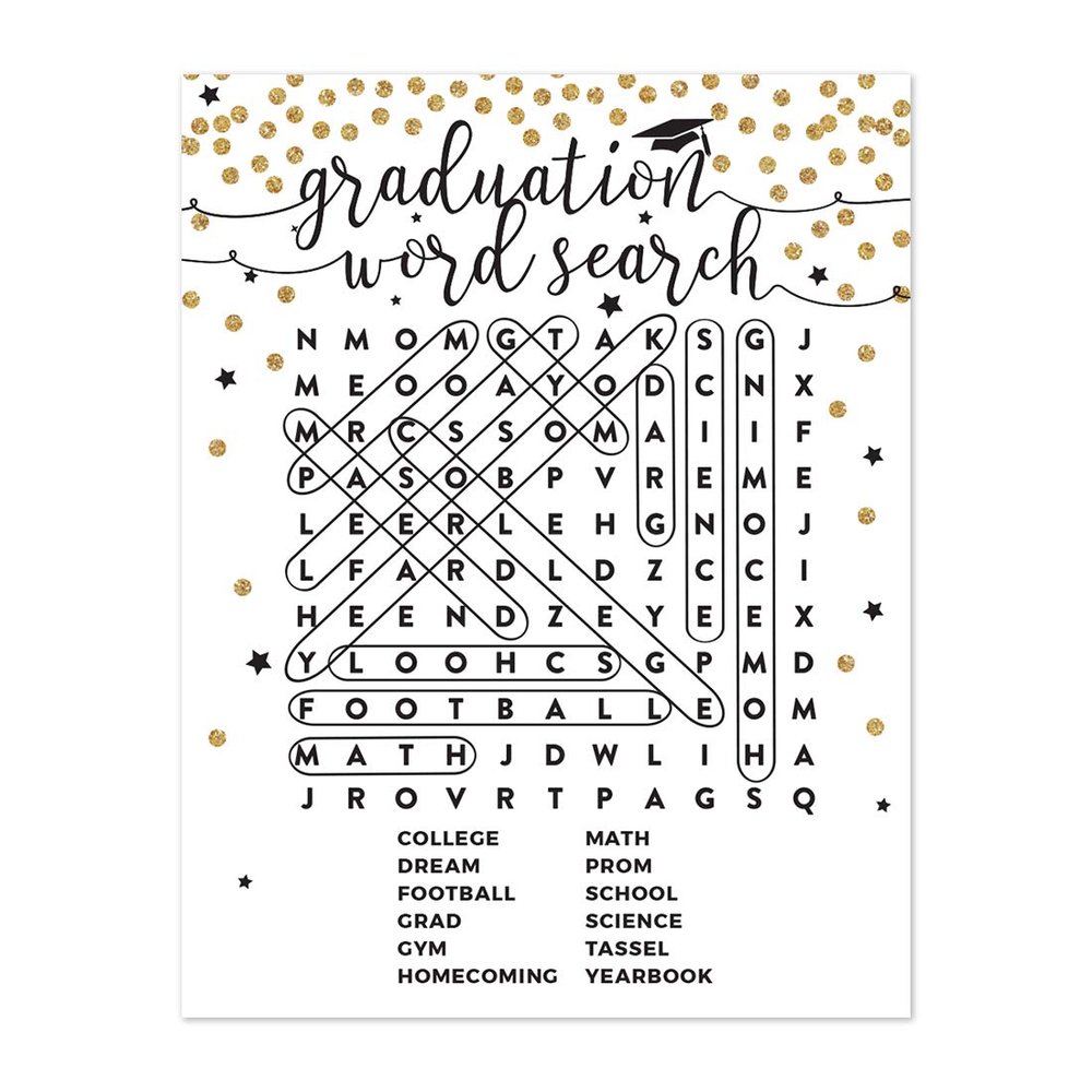 Andaz Press White and Gold Glittering Graduation Party Collection, Word Search Graduation Game Cards, 20-Pack
