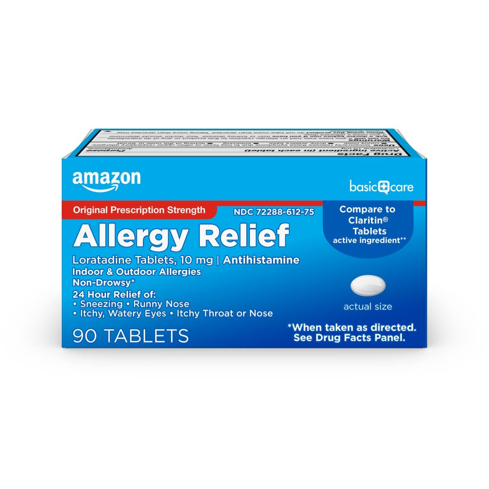 Amazon Basic Care Allergy Relief in 24 Hour, Loratadine Tablets 10 mg, Antihistamine, 90 Count