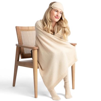 Jet&Bo 100% Pure Cashmere Travel Set: Blanket, Eye Mask, Socks, Carry/Pillow Case Natural in Gift Box