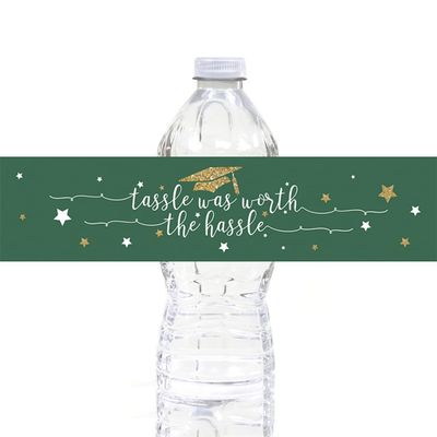 Andaz Press Emerald Forest Green and Gold Glittering Graduation Water Bottle Labels, 20-Pack Graduation Party Favors Class of 2024 Graduation Water Bottle Stickers for Graduation