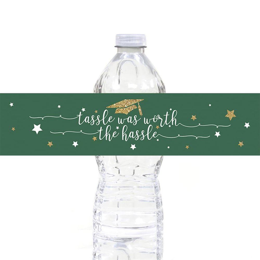Andaz Press Emerald Forest Green and Gold Glittering Graduation Water Bottle Labels, 20-Pack Graduation Party Favors Class of 2024 Graduation Water Bottle Stickers for Graduation