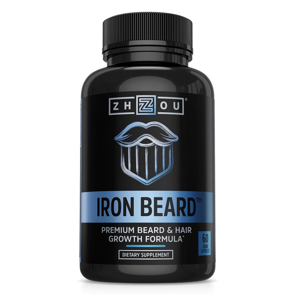 Zhou Iron Beard - Beard Growth Vitamins Men, Premium Biotin, Saw Palmetto & B Vitamin Pills to Support Facial Hair, Beard Care Supplement for Full Beard - 60 Veggie Capsules