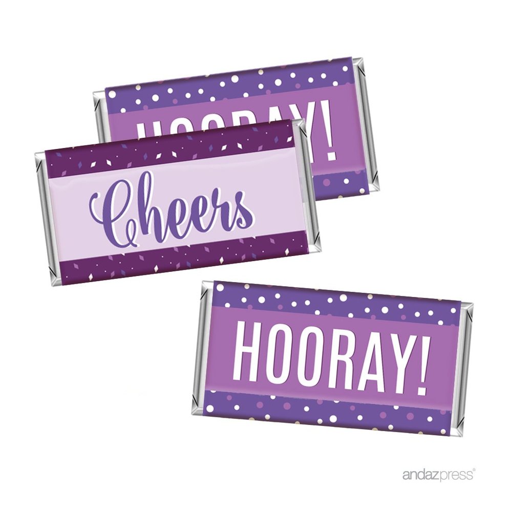 Andaz Press Signature Lavender, Plum, Royal Purple Wedding Party Collection, Chocolate Bar Labels Stickers, Cheers! Hooray!, 10-Pack