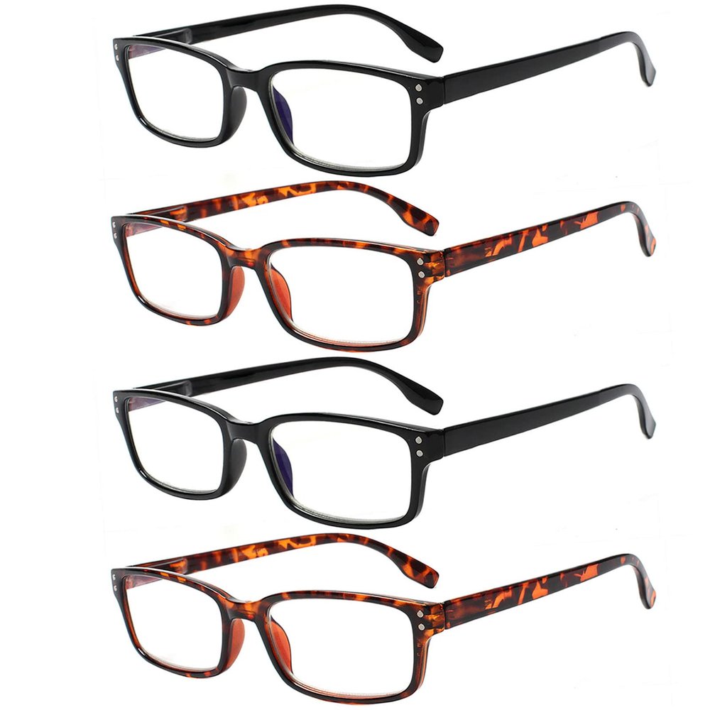 Kerecsen 4 Pack Reading Glasses for Men and Women with Spring Hinges, Lightweight Black Rectangular Readers Eyeglasses (2 Black 2 Tortoise, 3.50)