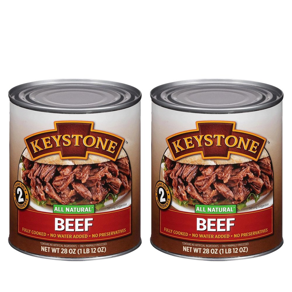 Keystone Meats All Natural Heat and Serve Canned Beef 28 oz Fully Cooked Canned Meat Ready to Eat 5-Year Shelf Life Pantry Staple for Everyday Meals, Emergency Survival Food Made in USA Pack of 2