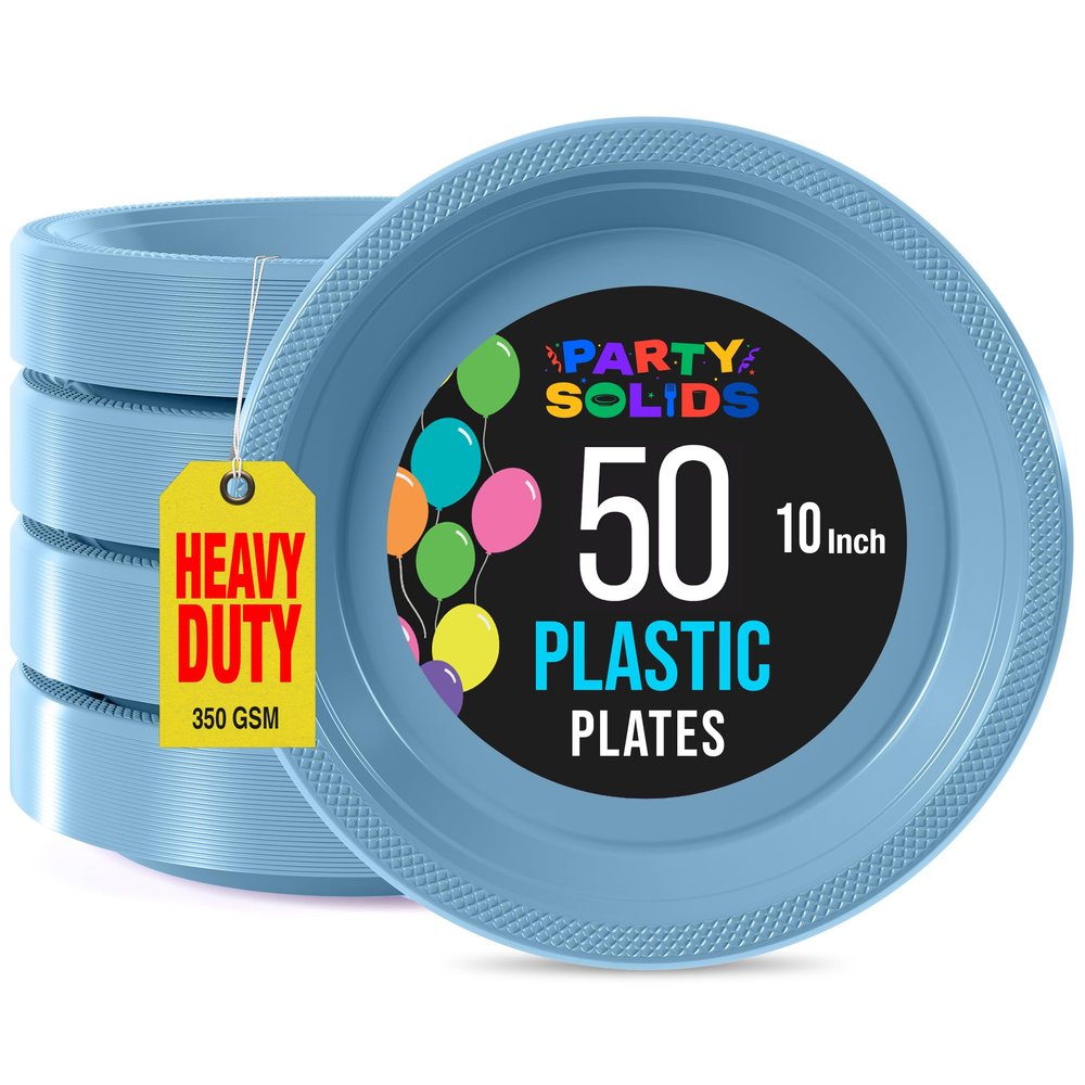 Exquisite Party Solids Light Blue Plastic Plates For Party Supplies 10" Light Blue Disposable Plates Heavy Duty 50 Pcs Plastic Dinnerware Sets Heavy Duty 350 GSM Disposable Dinnerware Set